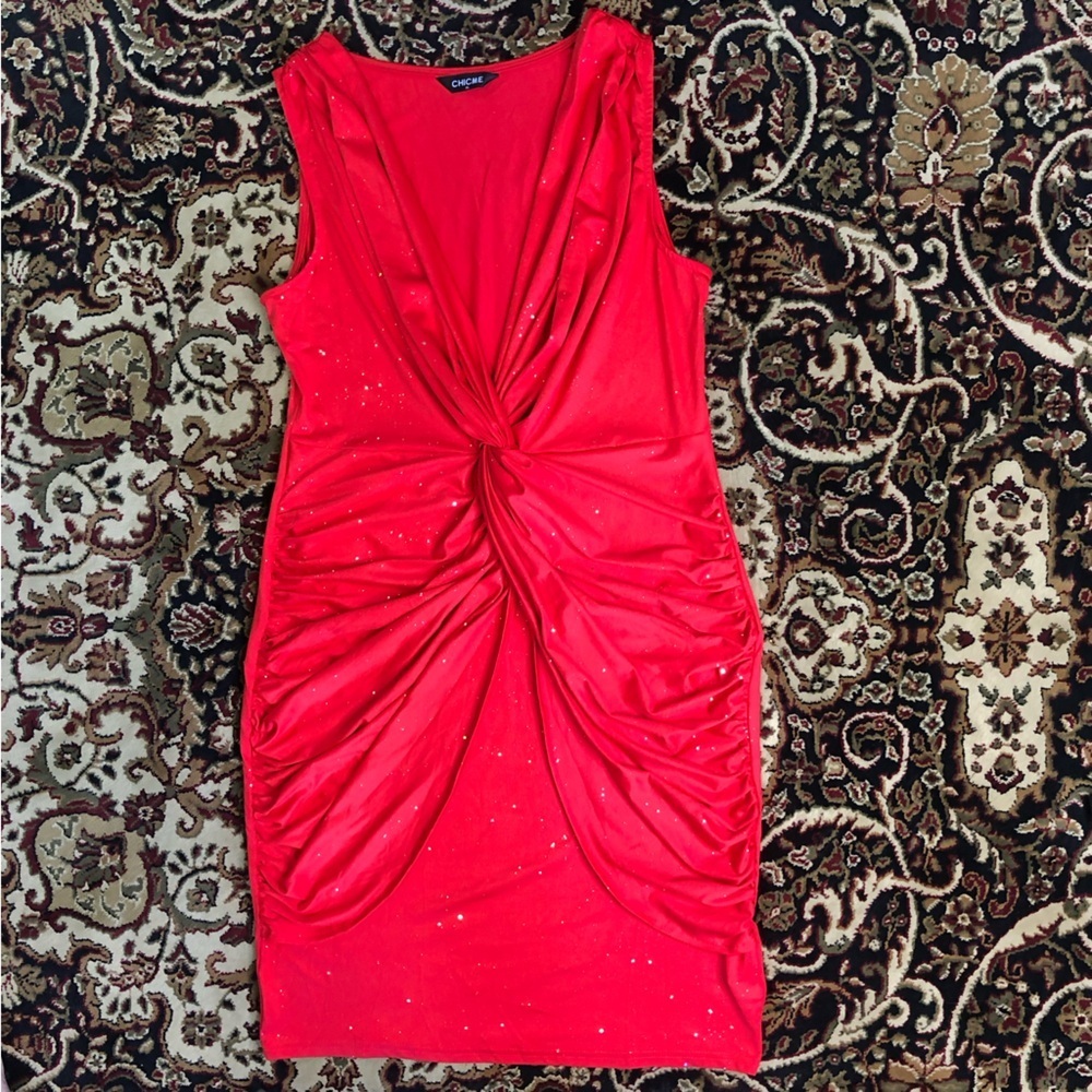 Chicme Elegant Red Dress with glitter Sparkle Accents XL tie and ruching front